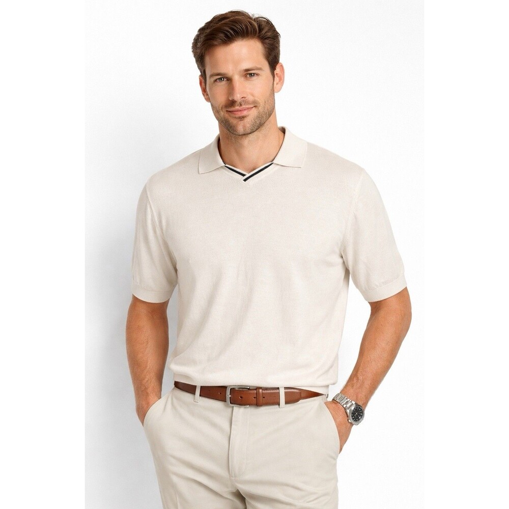 Paul Fredrick Cashmere Silk Cotton Johnny Collar Polo Shirt Elevated Casual Sz M